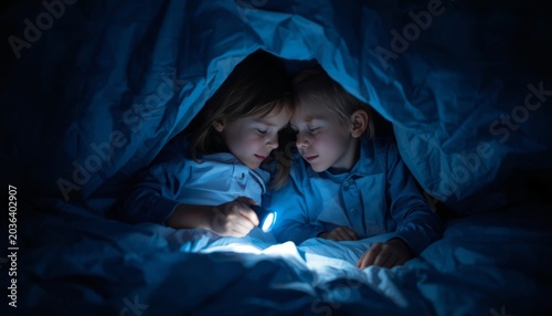 There are two children laying in bed under a blanket looking at a cell phone