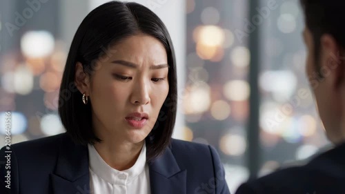 Businesswoman meeting stress anxiety office conversation professional workplace portrait emotion, Asian corporate manager colleague serious conflict communication, thoughtful expression during tense