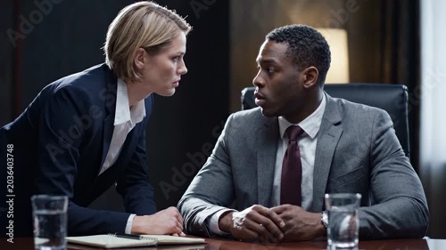 Business meeting in office with lawyer negotiation amid conflict conversation, professional corporate workplace argument as businesswoman confronts businessman in tense disagreement and communication