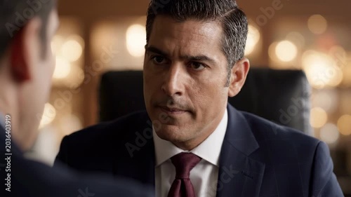 Businessman meeting negotiation serious suit office corporate discussion and business conversation during professional face to face office meeting, focused expression, leadership discussion