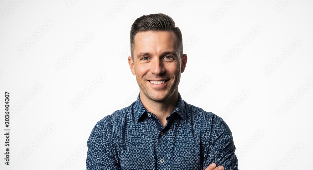Fototapeta premium Portrait of a Confident Smiling Professional Man in Blue Patterned Shirt Isolated on White Background