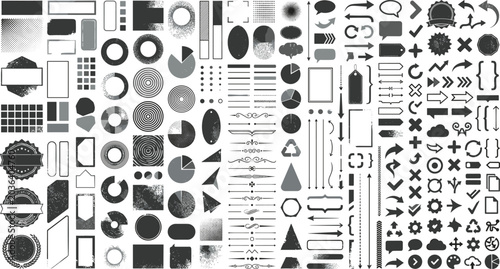 Foto A collection of various geometric shapes in black and white, including icons and symbols
