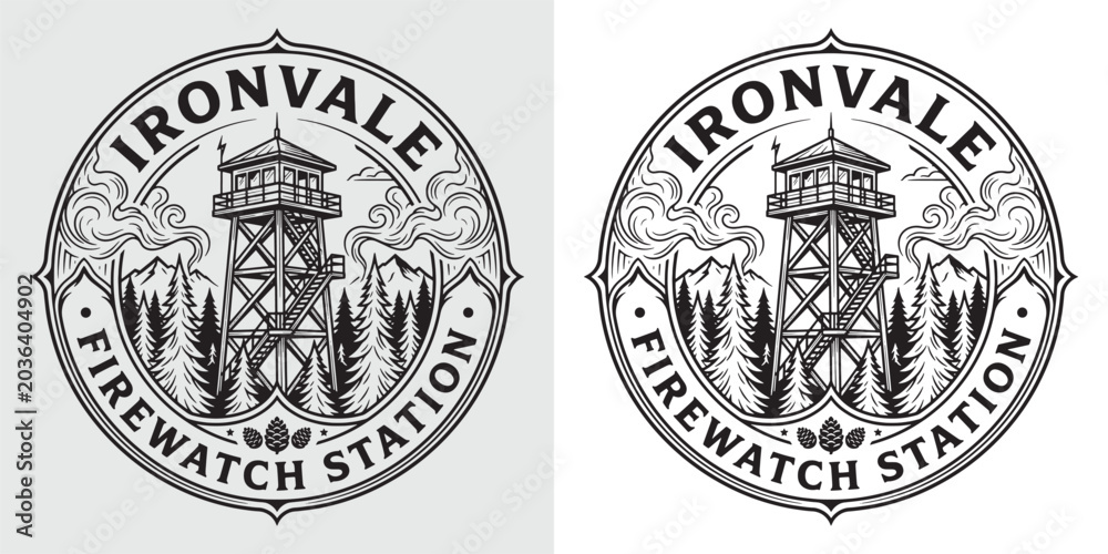 Fototapeta premium Ironvale Forest Firewatch Station Circular Emblem