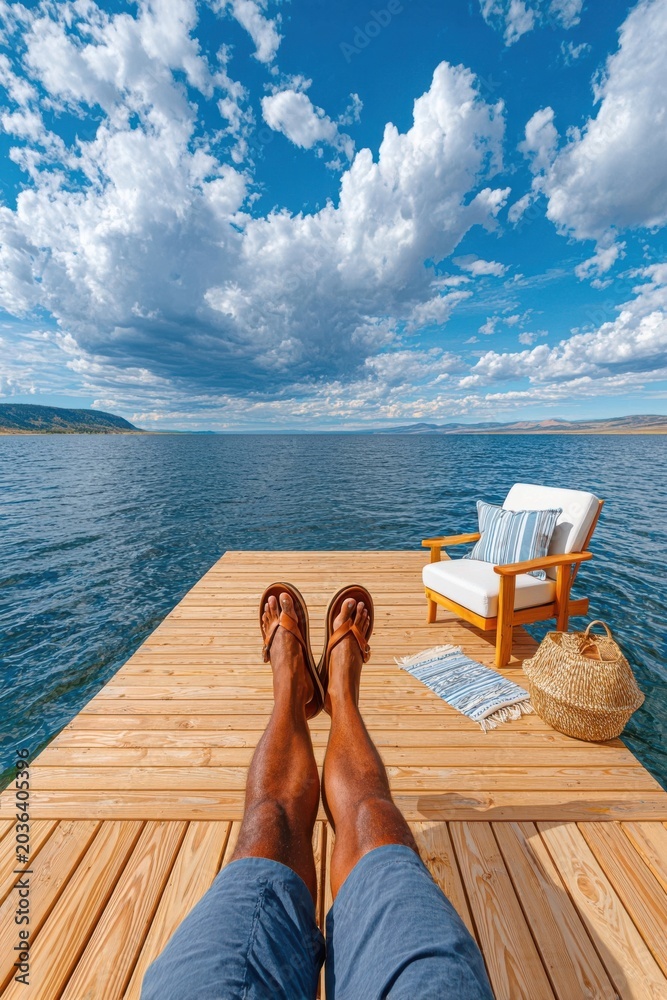 Obraz premium Relaxing on a wooden dock by a calm lake with legs stretched out and a lounge chair nearby