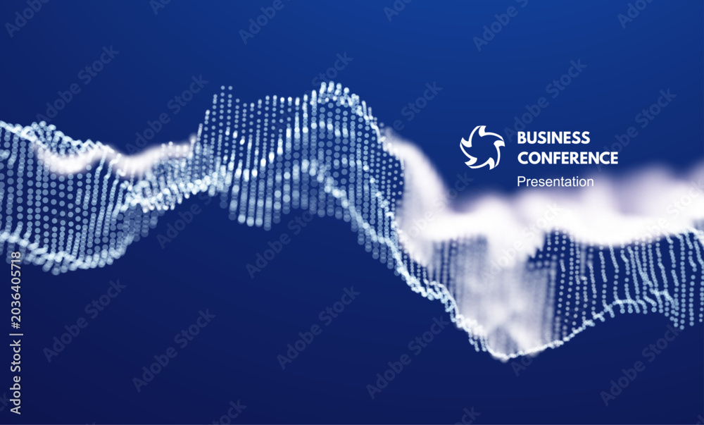 Obraz premium Business event invitation template. Grid. Dynamics particles. Abstract wavy background. Wave with connected dots. Big data. 3D Illustration for brochure, poster, cover, presentation, flyer, etc.