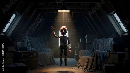 Scary puppet hanging from puppet strings in dark attic. Creepy doll waving hand in shadows. Haunted house scenery for halloween. Spooky mystery thriller concept.