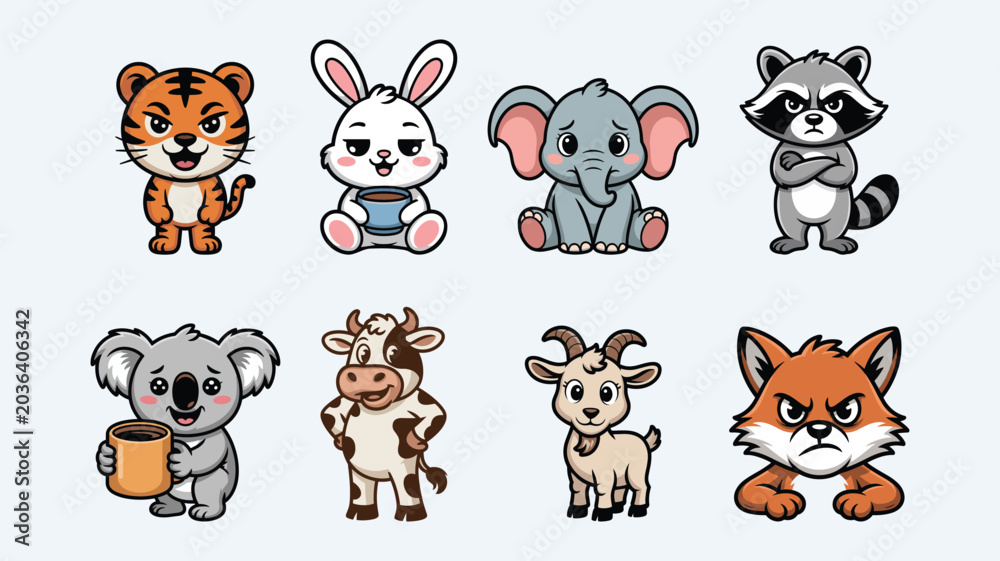 Fototapeta premium Cute funny animal vector set cartoon style collection isolated on a white background, adorable baby animals character design, perfect for children's books or nursery decor.