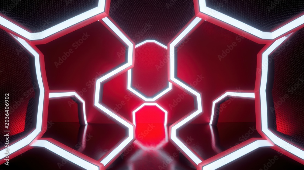 Obraz premium Futuristic interior. Red illumination highlights hexagonal patterns. Reflective surfaces create infinite tunnel effect. Minimalist design. Dramatic lighting.