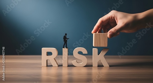 Businessman standing on risk blocks with hand adding more blocks