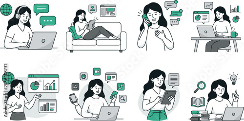 Photos Illustration of a woman engaging with various digital devices and contemplating