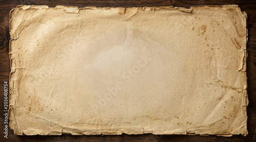 A background with stains and torn, worn edges made of antique paper. A scroll on a dark wooden table. Perfect for historical maps, pirate themes, retro scrolls, and treasure hunts.