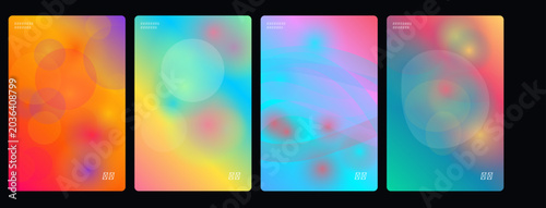 Vibrant abstract art pieces on display in a gallery setting with colorful backgrounds