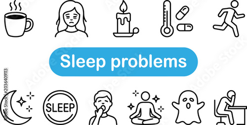 Bild auf Leinwand A collection of vector icons illustrating various sleep problems and disorders