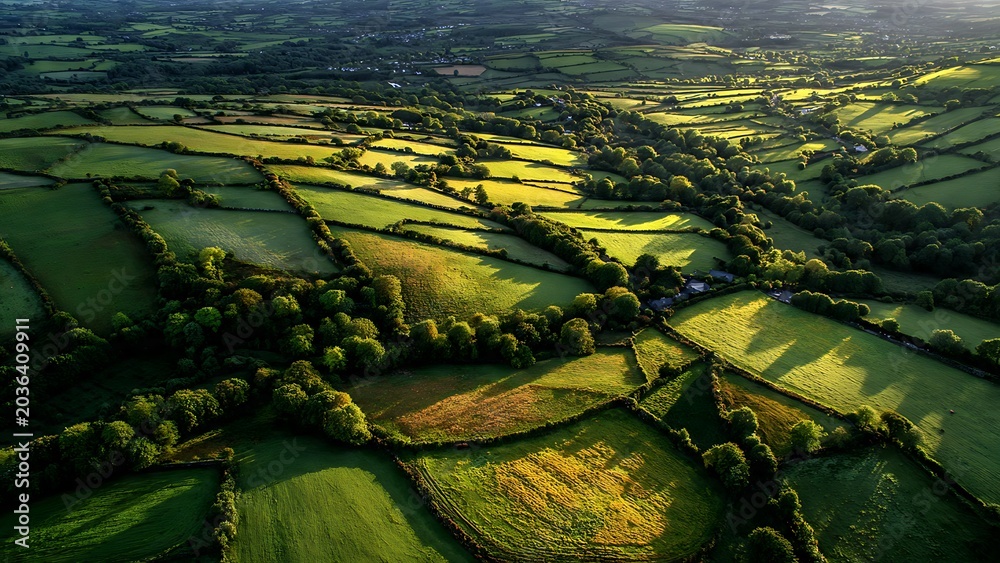 Naklejka premium Rolling Green Hills and Farmland Illuminated by Golden Hour Sunlight