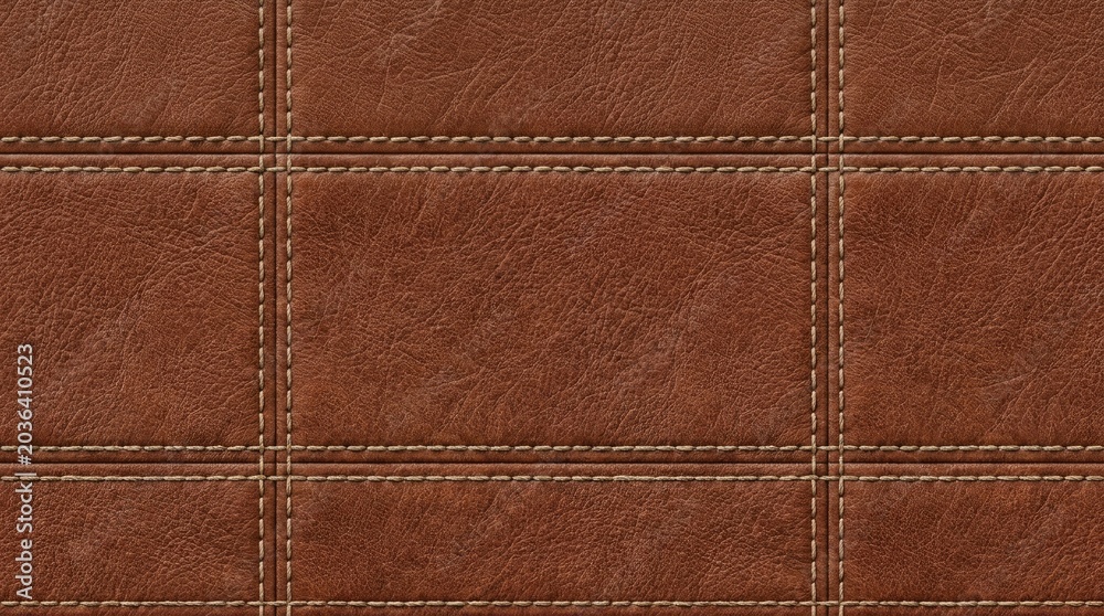 Fototapeta premium A close-up image of a brown leather surface with a grid pattern. The leather is stitched with a light brown thread, creating a textured and detailed appearance.