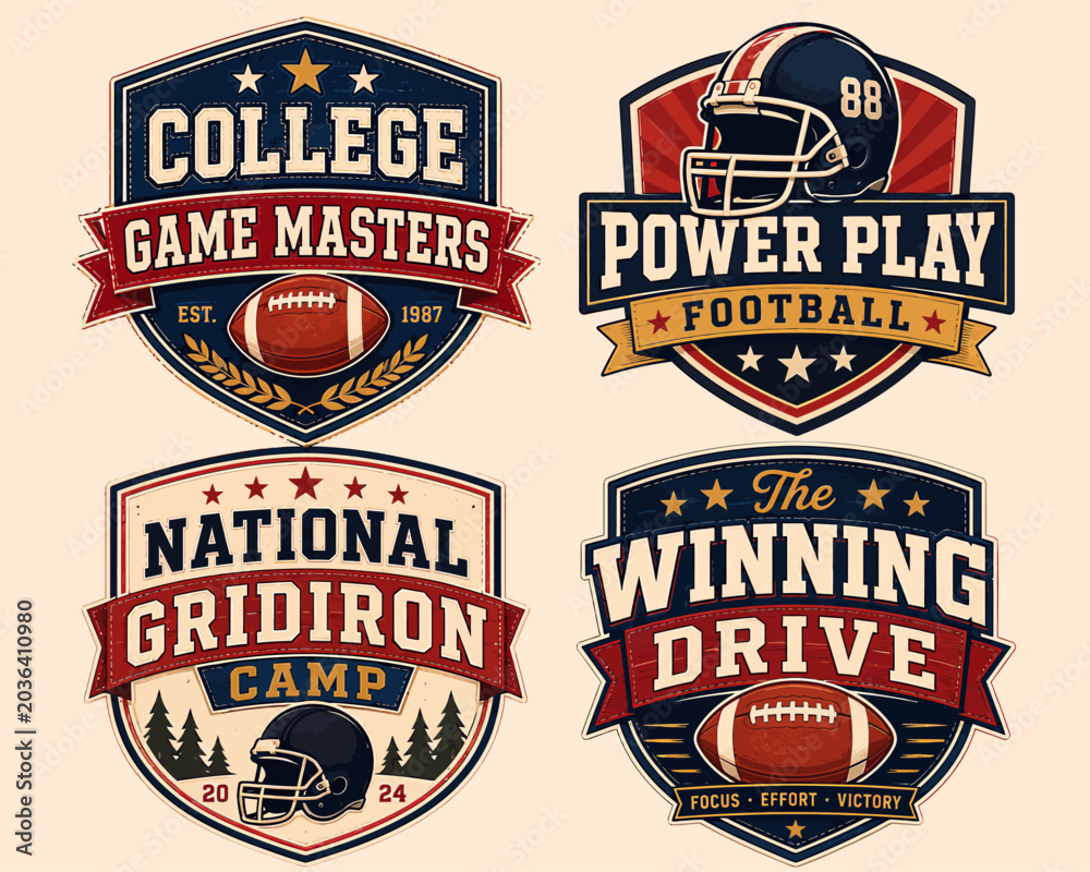 Obraz premium Collection of Four Vintage American Football Emblems Featuring Distinct Text and Graphics