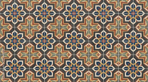 A repeating geometric pattern of stylized floral tiles. The tiles feature intricate, symmetrical designs with overlapping elements and a rich color palette.