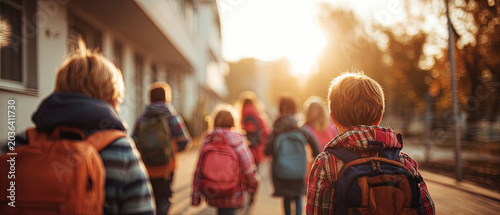 Group of children with backpacks walking to school in morning sunlight, showing education, friendship, and childhood togetherness.