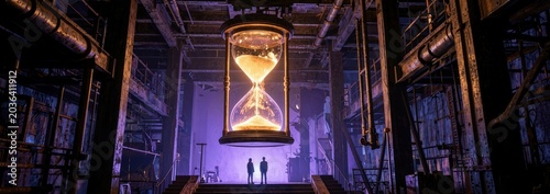 Giant Hourglass And Silhouettes In Abandoned Factory