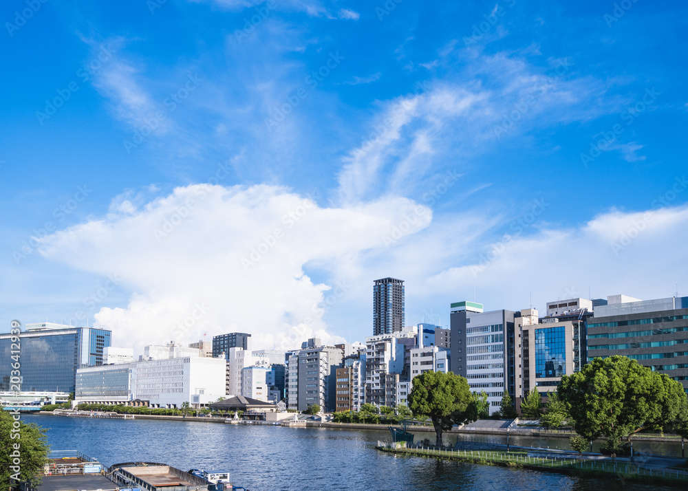 Obraz premium 青空とダイナミックな白い雲が広がる夏の大阪中之島リバーサイド風景