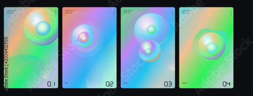 Four colorful screens display abstract light patterns side by side.
