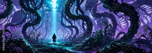 Traveler In Surreal Alien Vine Forest