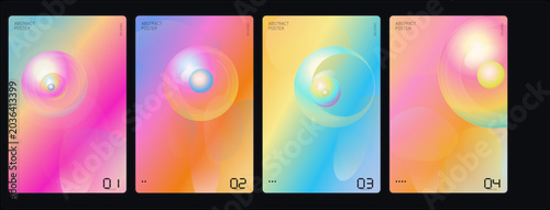 Vibrant colorful abstract art pieces on display in a gallery setting with four panels shown