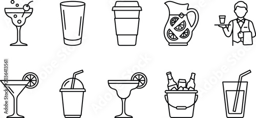 Photos Drink and cocktail line icon set with martini margarita glass coffee cup waiter