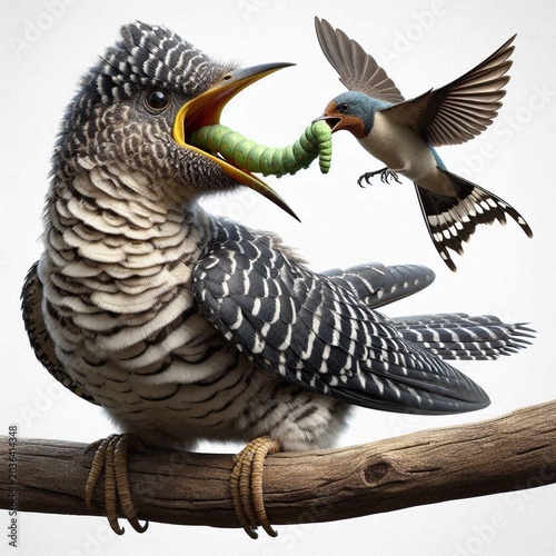 Cuckoo chick with adoptive parent bird