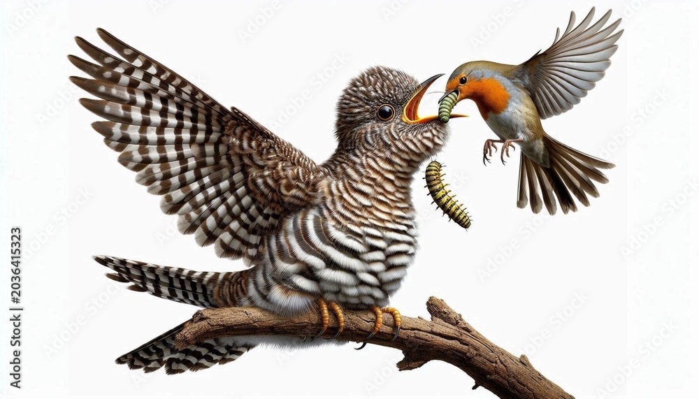 Naklejka premium Cuckoo chick with adoptive parent bird