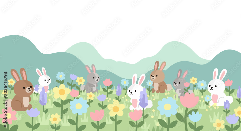 Fototapeta premium Cute bunnies playing in a vibrant spring meadow with colorful flowers.