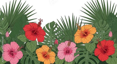 Colorful hibiscus flowers and tropical leaves in a border design