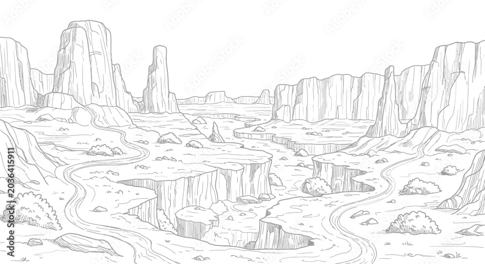 Fototapeta premium Line art sketch of a desert canyon landscape with rock formations and a winding road.