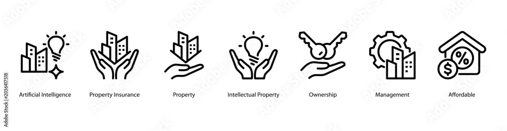 Obraz premium Property Management web banner icon vector illustration featuring Artificial Intelligence, Property Insurance, Property, Intellectual Property, Ownership, Management, and Affordable.