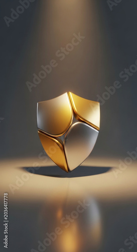 Abstract shield design golden and silver geometric shape against a gradient backdrop