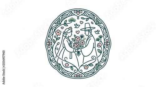 Traditional Korean Wedding Couple Holding Flowers Illustration.