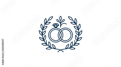 Two intertwined wedding rings with a diamond and laurel wreath.
