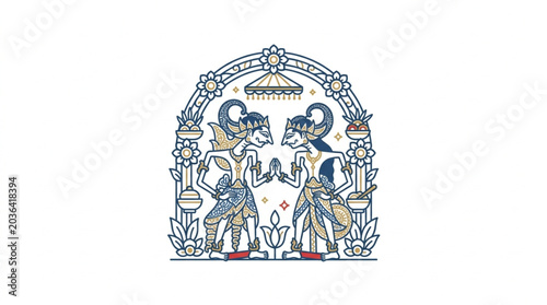 Fotografi Two stylized figures with animal heads and ornate headdresses stand facing each other