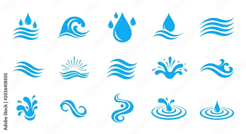 Naklejka premium Blue Water Wave and Drop Icon Set - Vector Graphic Elements for Logo Design, Web, and Print Projects