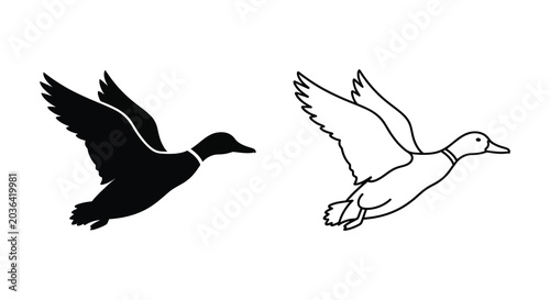 Tableau sur toile Duck Silhouette And Outline On White Background