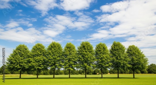 Row of green trees in grassy field under blue sky