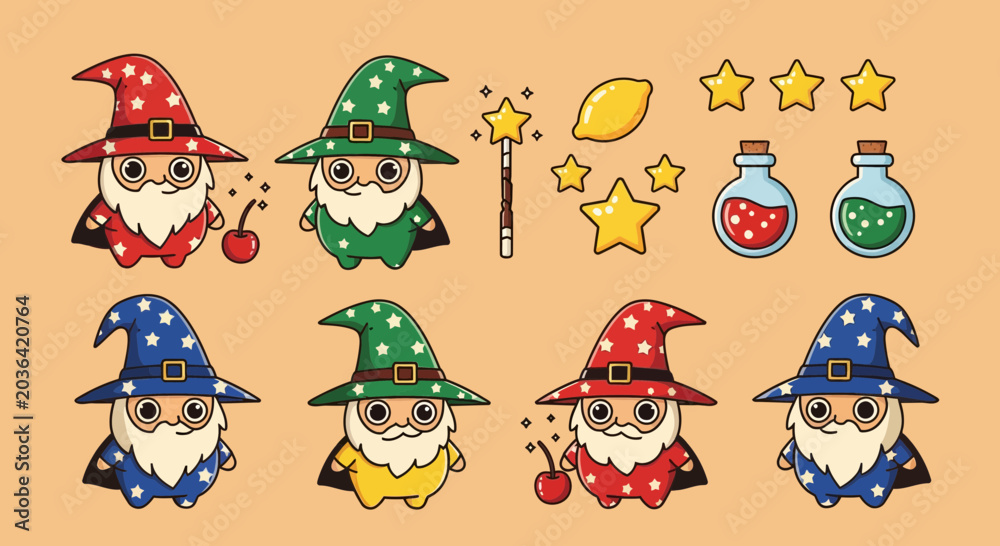 Fototapeta premium Cute Cartoon Wizard Characters and Magic Items Collection Set