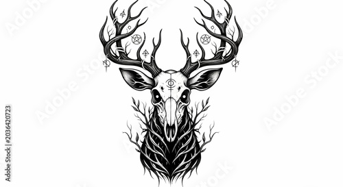 Bild auf Leinwand Occult deer skull illustration with mystical symbols and antlers.