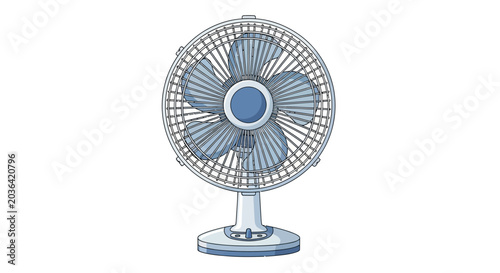 Fotografija A blue and white electric fan on a white background.
