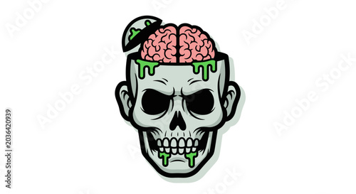 Foto Scary zombie head with exposed brain and dripping goo.