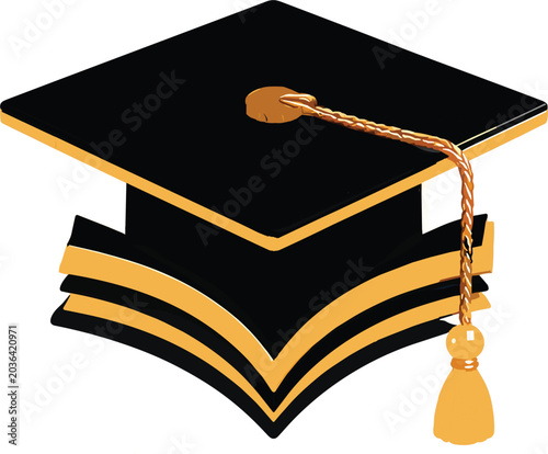 Graduation Cap and Books: A classic black and gold graduation cap rests atop a stack of open books, symbolizing academic achievement and the pursuit of knowledge.