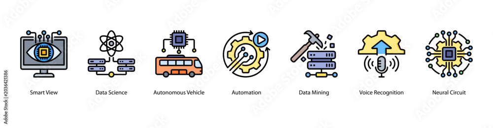 Fototapeta premium Data and Automation web banner icon vector illustration featuring Smart View, Data Science, Autonomous Vehicle, Automation, Data Mining, Voice Recognition, and Neural Circuit.