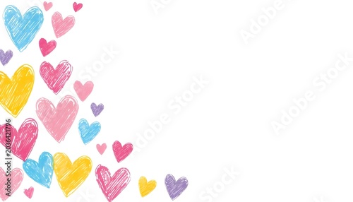 Abstract gradient wallpaper background with colorful hand‑drawn pastel hearts in pink blue yellow purple tones on white space