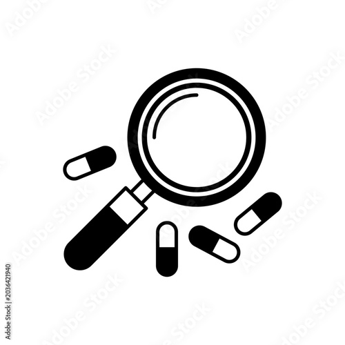 Magnifying glass searching pills medicine icon. Medical research and pharmacy search concept