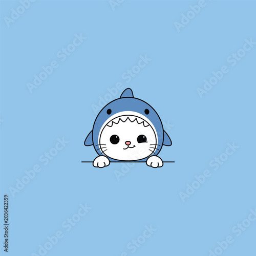 Cute white cat wearing blue shark hood costumes cartoon, vector illustration